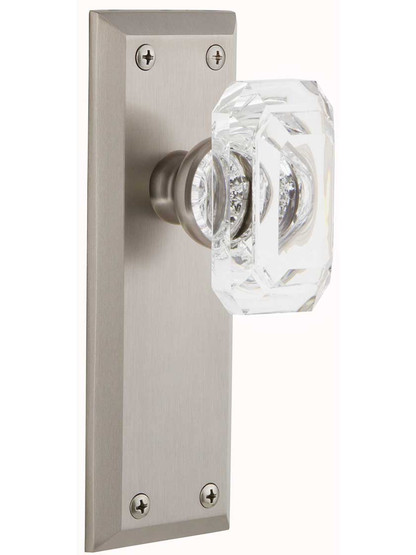 Grandeur Fifth-Avenue Door Set with Clear Crystal-Glass Baguette Knobs in Satin Nickel.